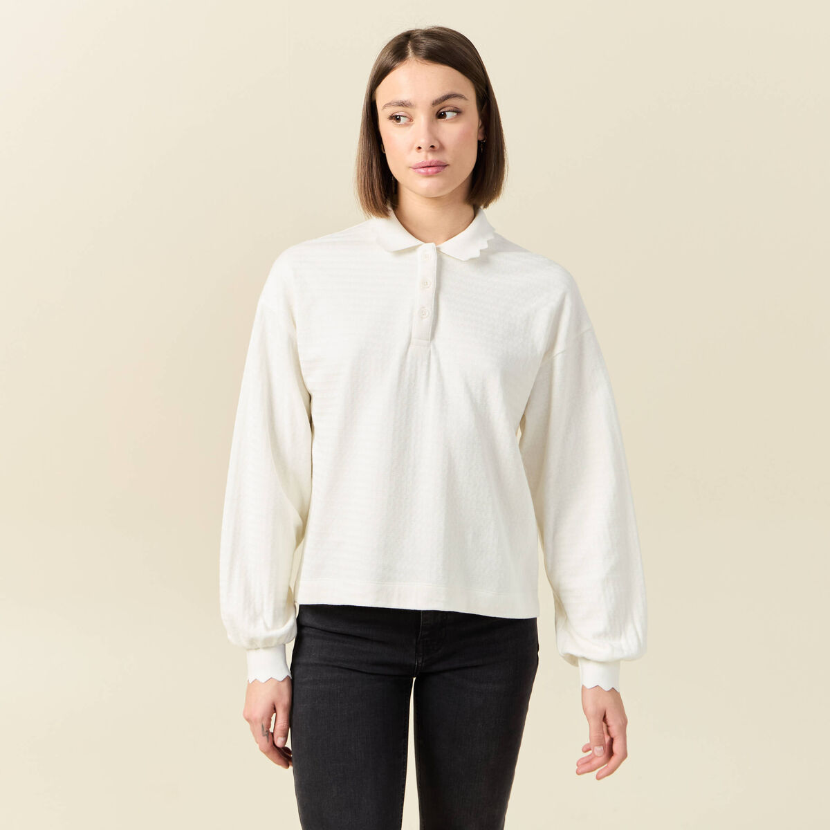 Sweat manches longues col polo ecru femme