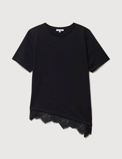 T-shirt droit col rond avec dentelle noir femme