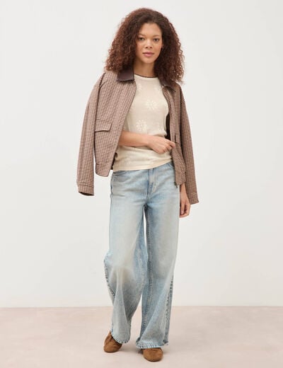 Pull droit court manches courtes ecru femme