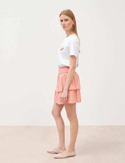 Jupe fluide &agrave; carreaux doubl&eacute;e orange abricot femme