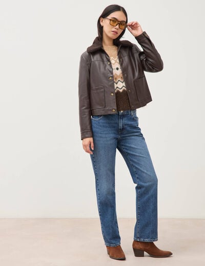 Pull droit col rond manches longues marron femme