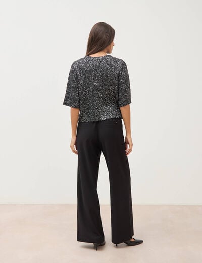 Pull manches courtes col rond brillant noir femme