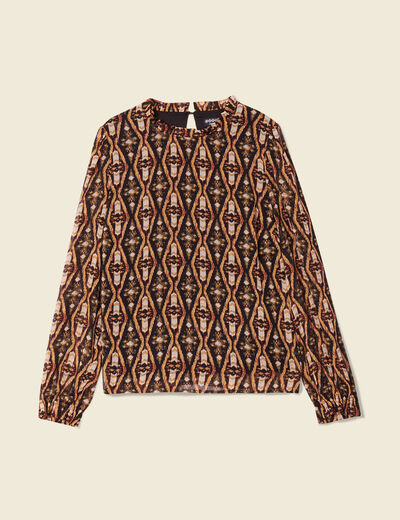 Blouse cintr&eacute;e manches longues col rond camel femme
