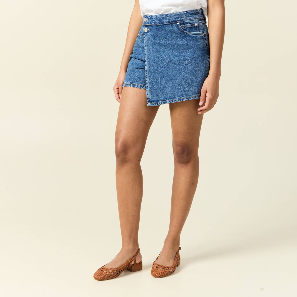 Jupe-short droite en jean denim stone femme