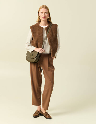 Gilet sans manches bouclette col rond marron femme