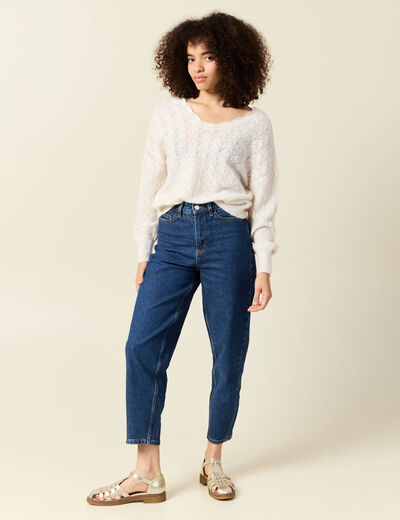 Gilet ajour&eacute; col V manches longues ecru femme