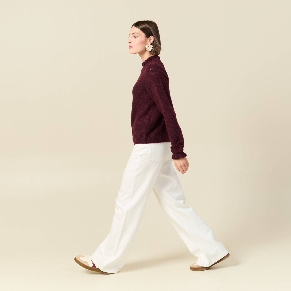 Pull col montant manches longues bordeaux femme