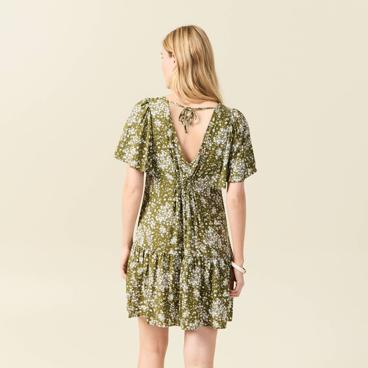 Robe évasée manches courtes vert olive femme