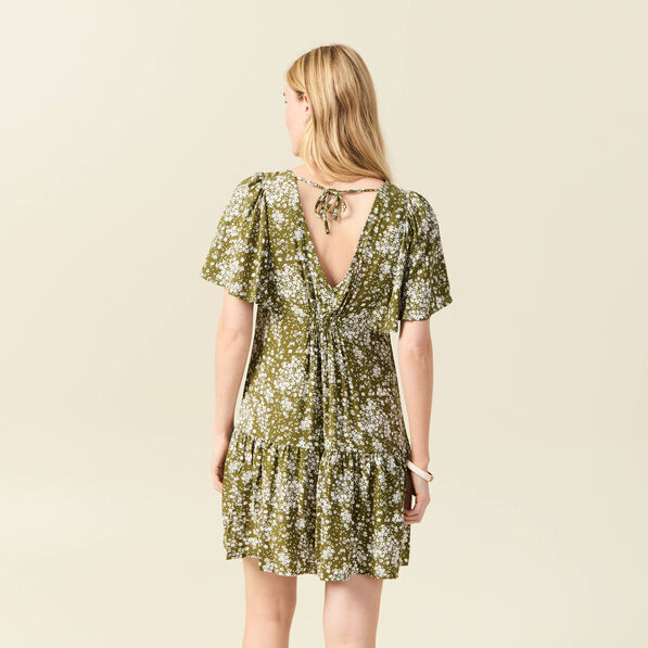 Robe évasée manches courtes vert olive femme