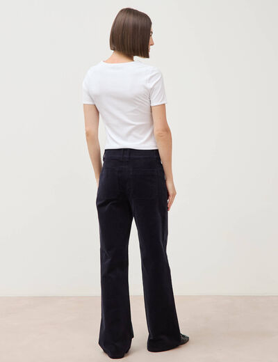 Pantalon flare taille haute en velours bleu fonc&eacute; femme