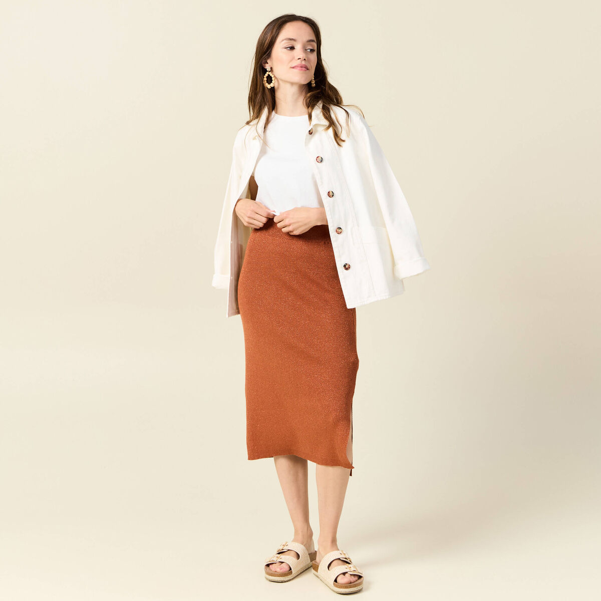 Jupe longue ajust&eacute;e en tricot orange fonc&eacute; femme