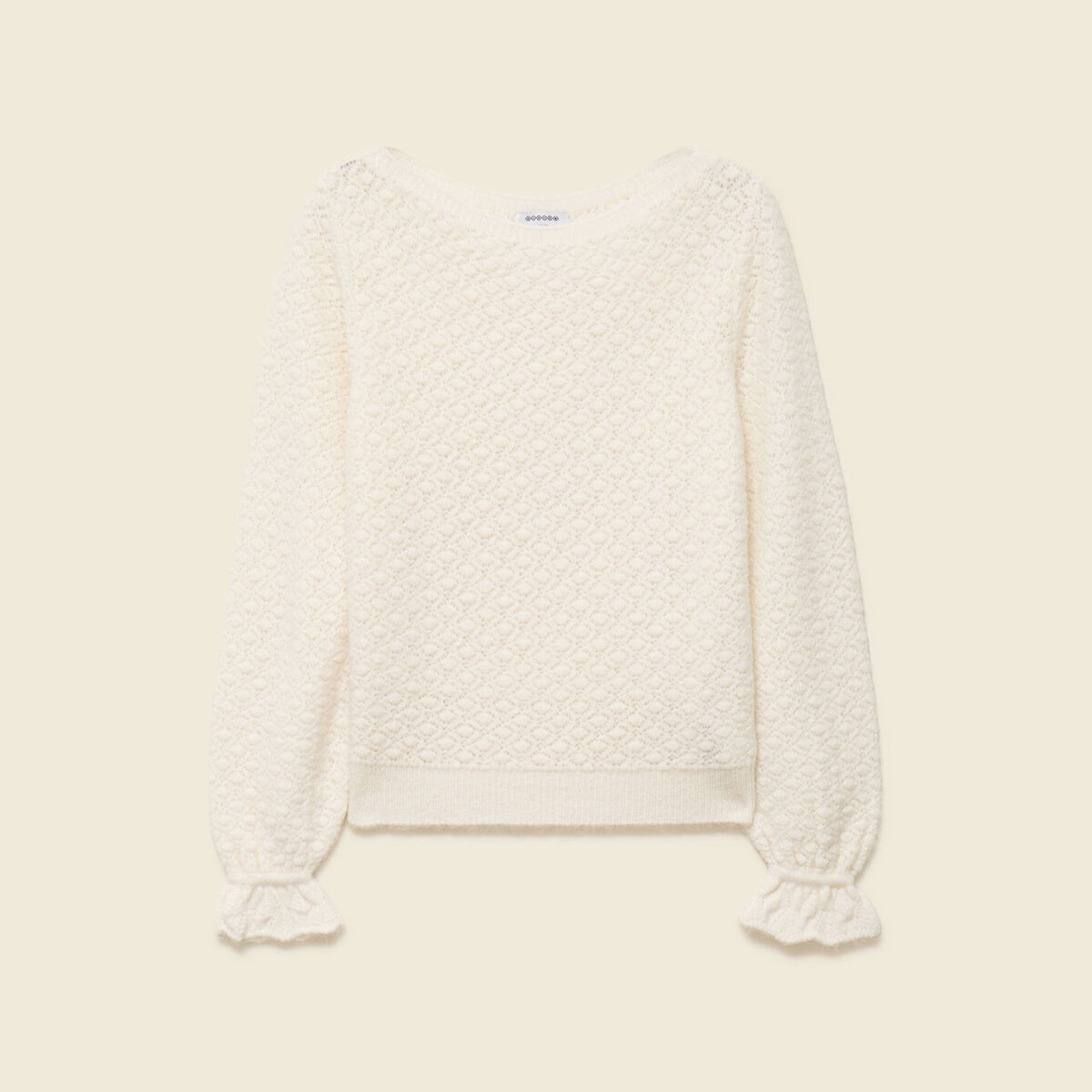 Pull ajour&eacute; col bateau manches longues ecru femme