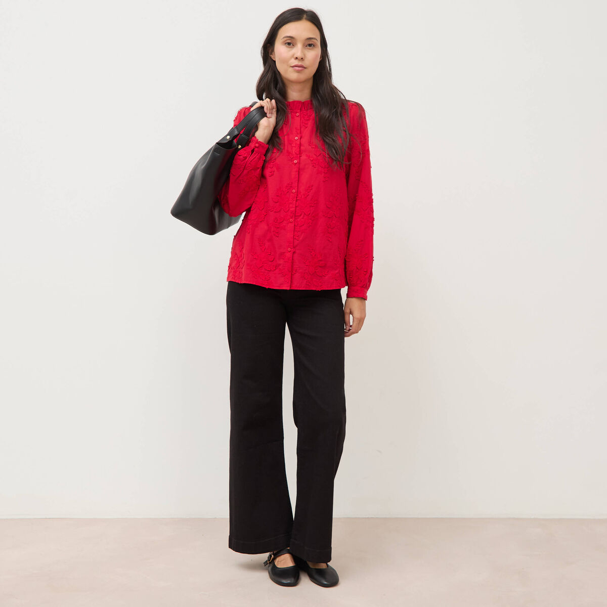 Chemise en coton manches longues rouge fonc&eacute; femme