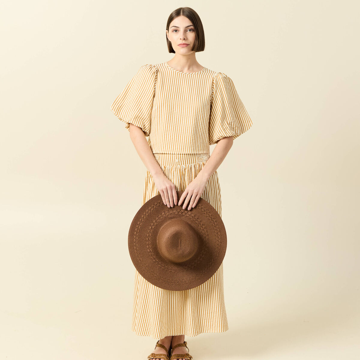 Blouse droite courte manches coude beige moyen femme