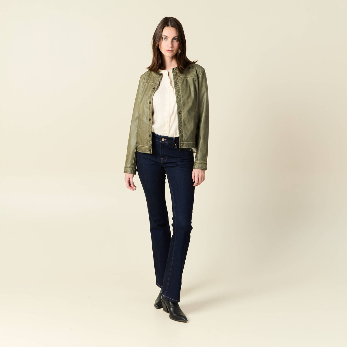 Blouson simili cuir vert kaki femme