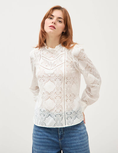 Blouse cintr&eacute;e dentelle manches longues ecru femme