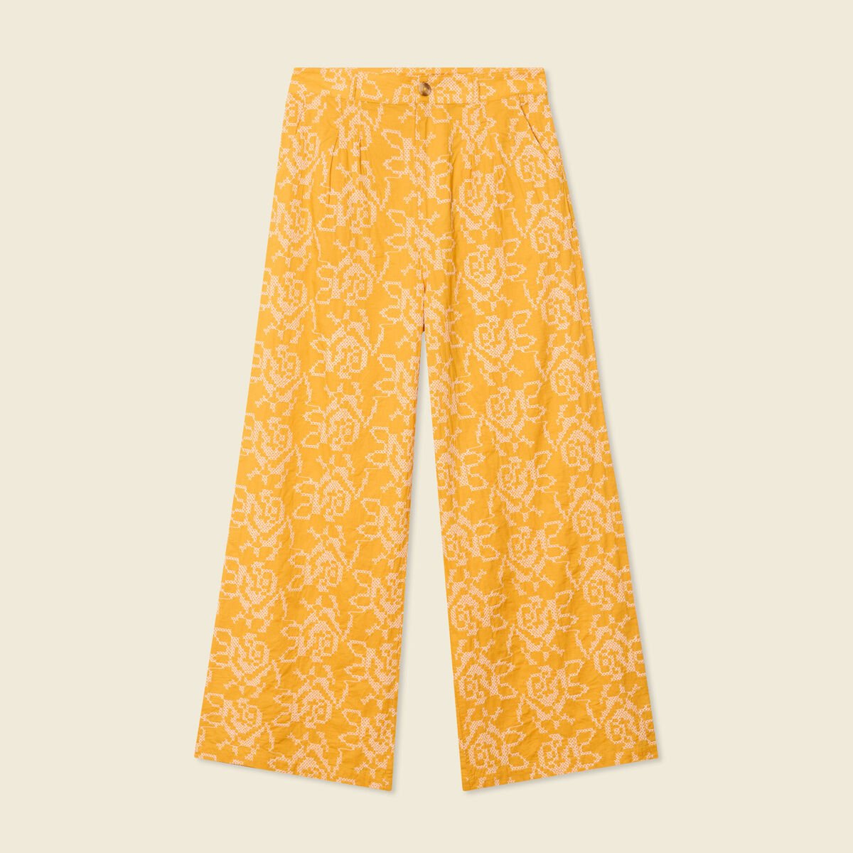 Pantalon large brodé jaune femme