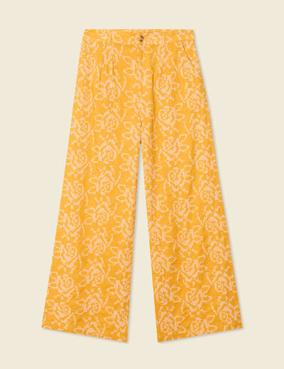 Pantalon large brodé jaune femme