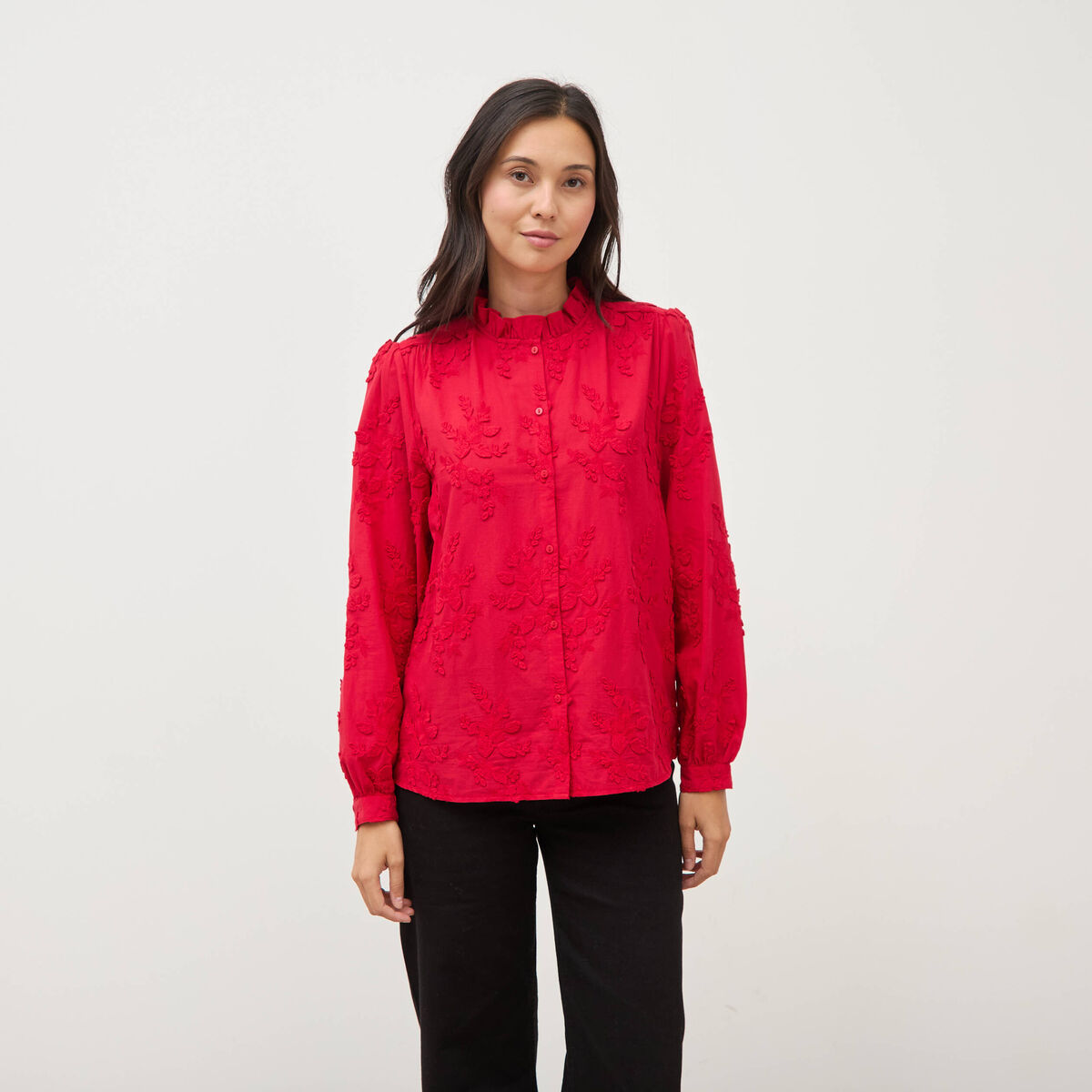 Chemise en coton manches longues rouge fonc&eacute; femme