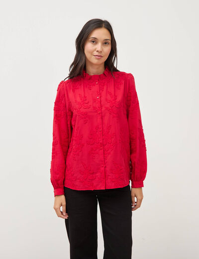 Chemise en coton manches longues rouge fonc&eacute; femme