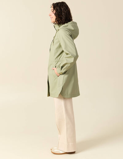Parka longue droite d&eacute;perlante &agrave; capuche vert kaki femme