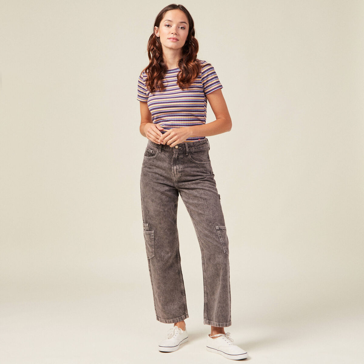 Jeans cargo taille haute noir femme