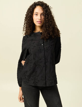 Chemise manches longues broderie coton noir femme