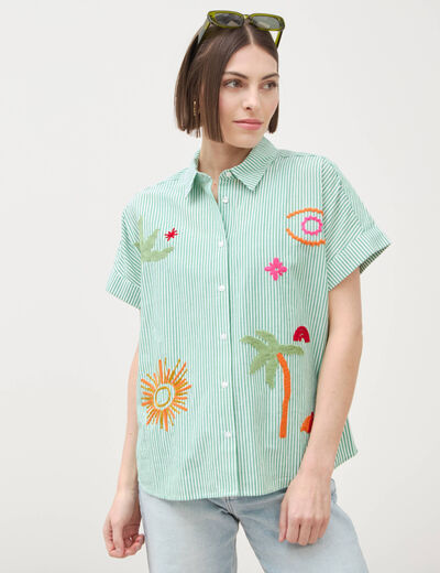 Chemise ample en coton &agrave; broderie vert femme