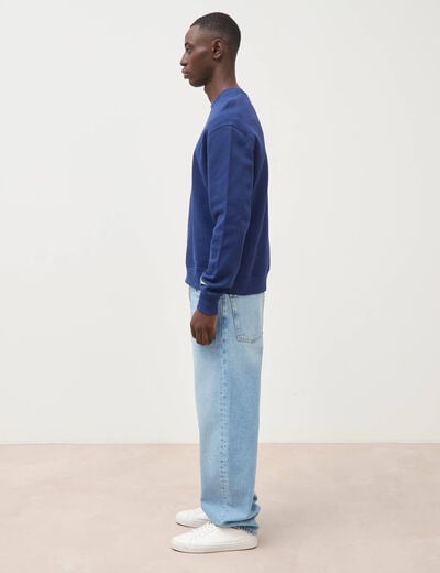 Sweat droit col rond brod&eacute; en coton bleu fonc&eacute; homme