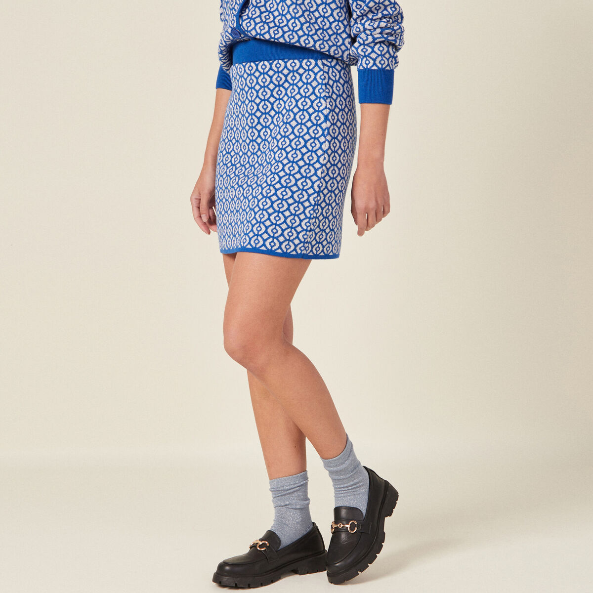 Jupe droite tricot&eacute;e bleu femme