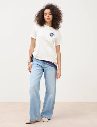 T-shirt droit col rond manches courtes ecru femme