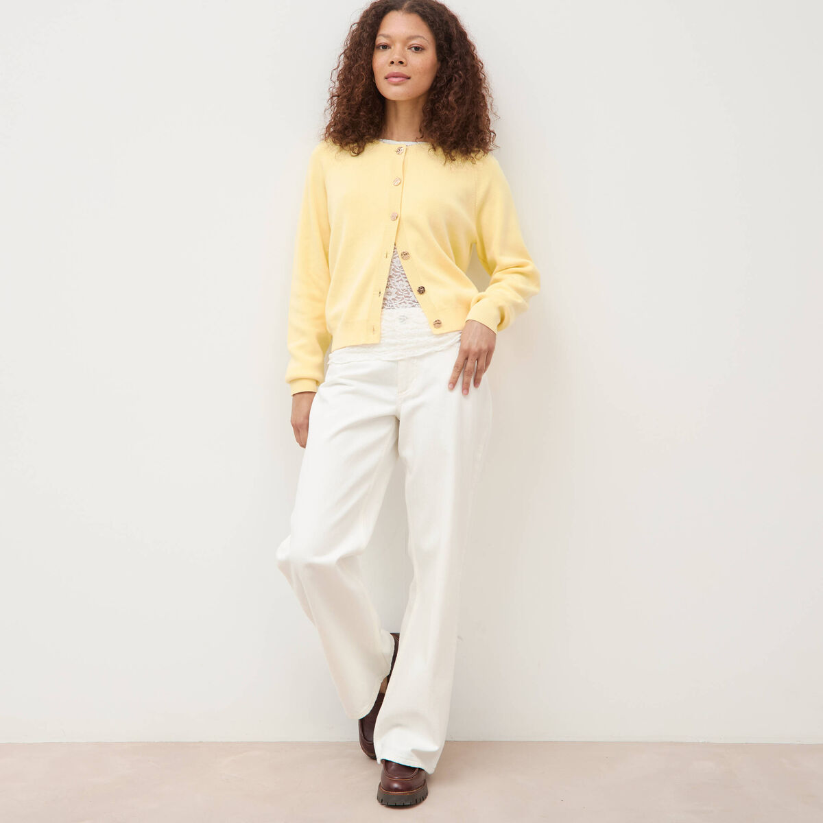 Jeans wide leg taille bascul&eacute;e denim blanc femme