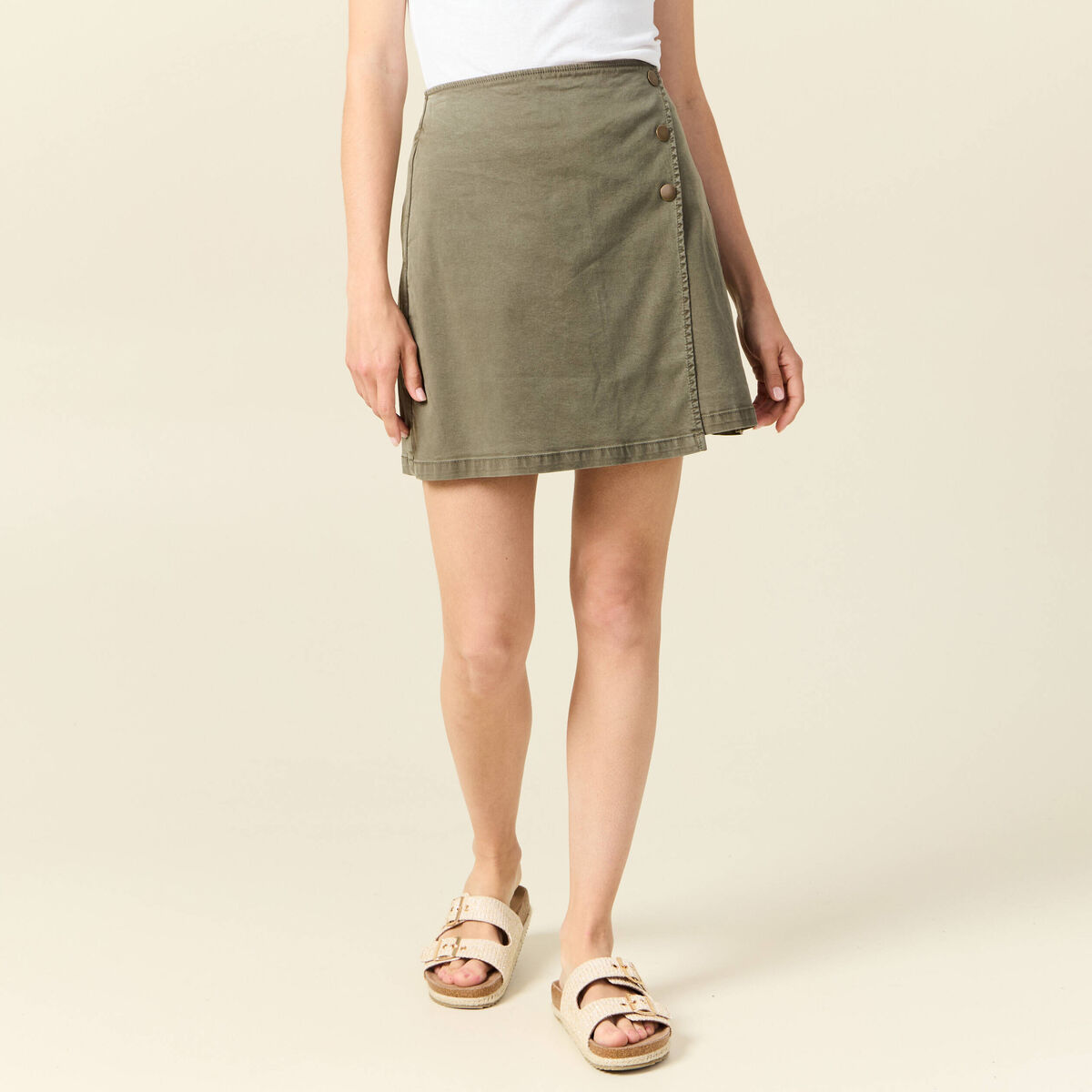 Jupe chino trap&egrave;ze vert kaki femme