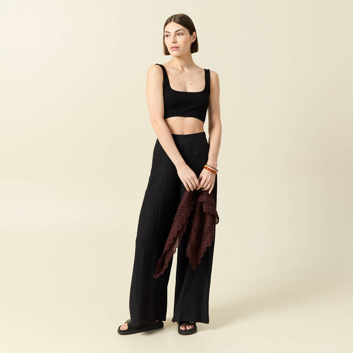 Pantalon large taille haute fluide noir femme