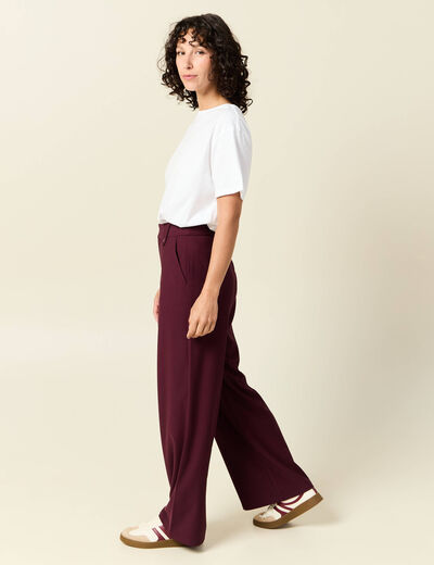 Pantalon large taille haute prune femme