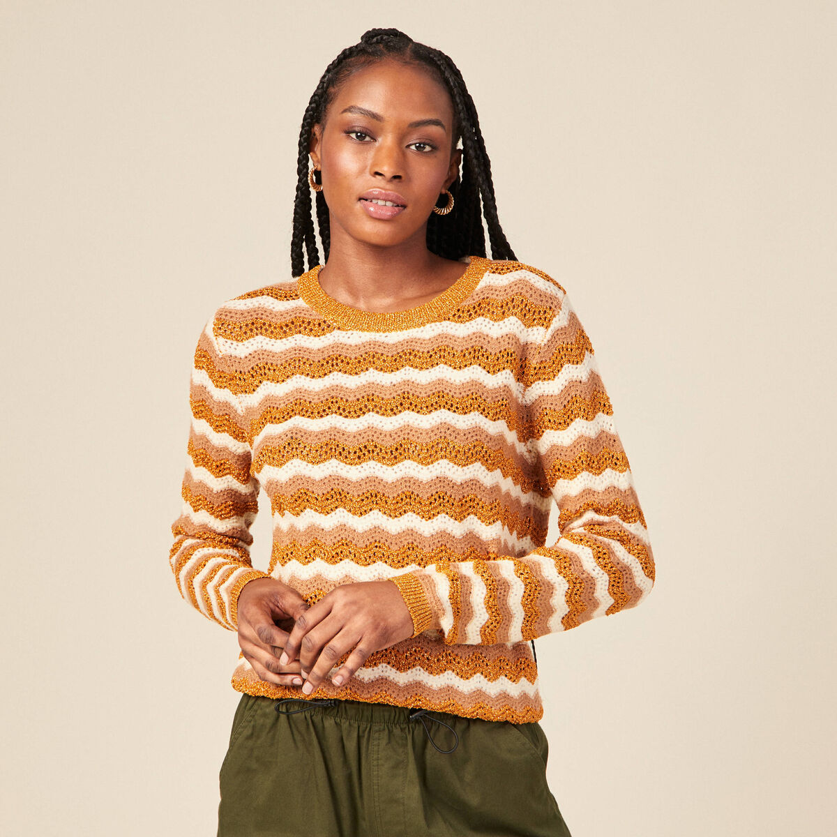Pull manches longues col rond brillant rouge fonc&eacute; femme