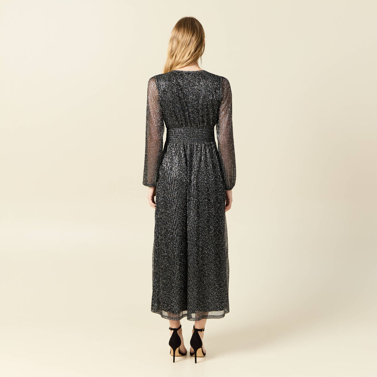Robe longue fils métallisés noir femme