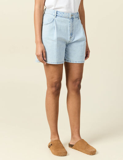 Short droit en jean à pinces denim bleach femme