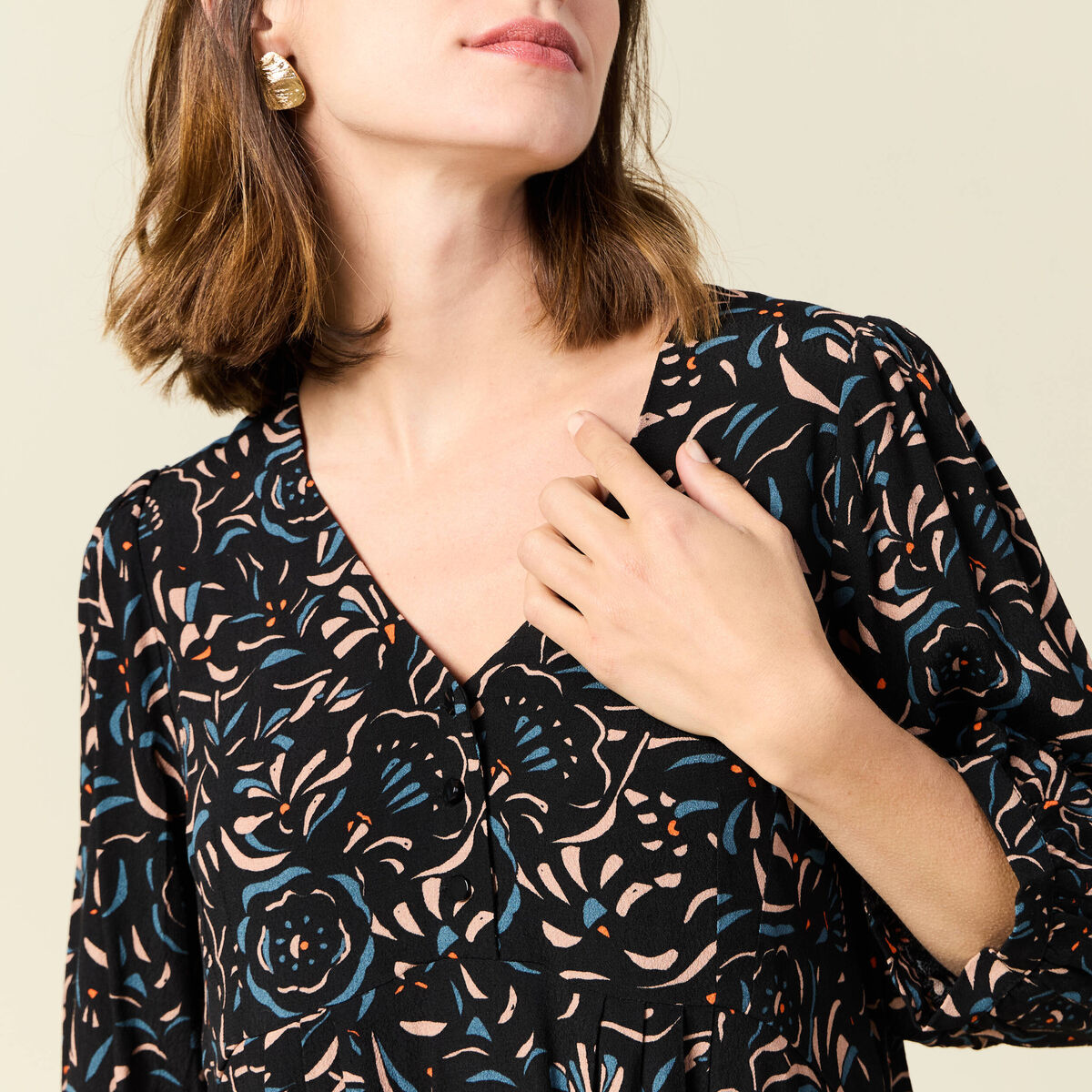 Robe évasée manches 3/4 noir femme