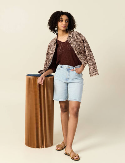 Pull manches 3/4 ajouré bordeaux femme