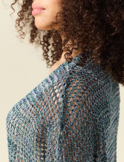 Pull manches courtes ajouré bleu clair femme