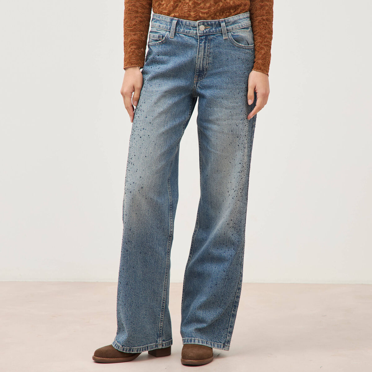 Jeans wide leg strass taille standard bleu femme
