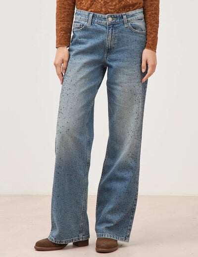 Jeans wide leg strass taille standard bleu femme