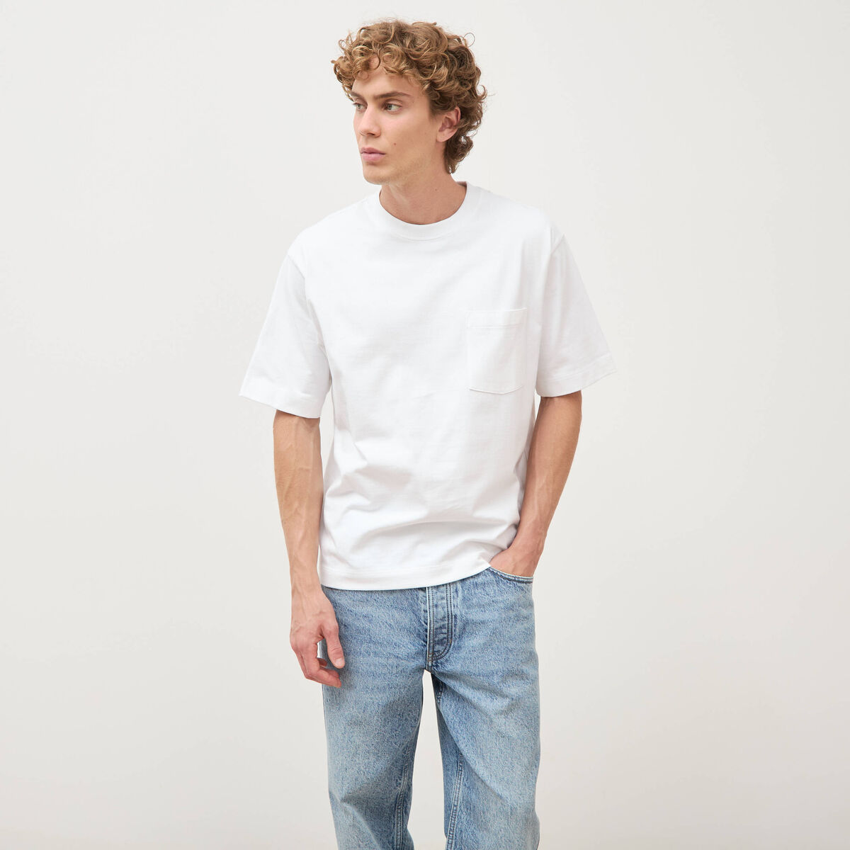 T-shirt droit en coton col ras du cou blanc homme