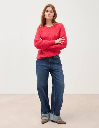 Pull manches longues col rond rouge fonc&eacute; femme