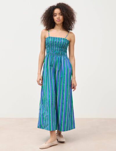 Robe bretelles col carr&eacute; en coton bleu femme