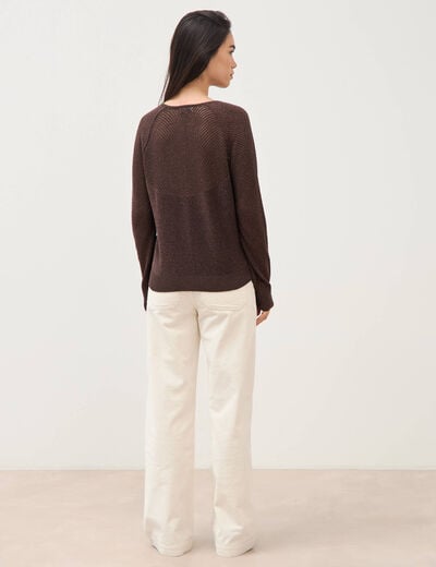 Pull droit col v manches longues marron femme