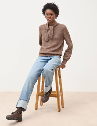 Pull droit col montant manches longues marron femme