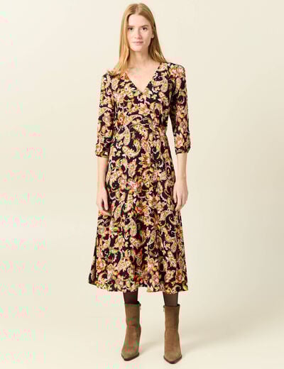 Robe midi évasée manches 3/4 noir femme