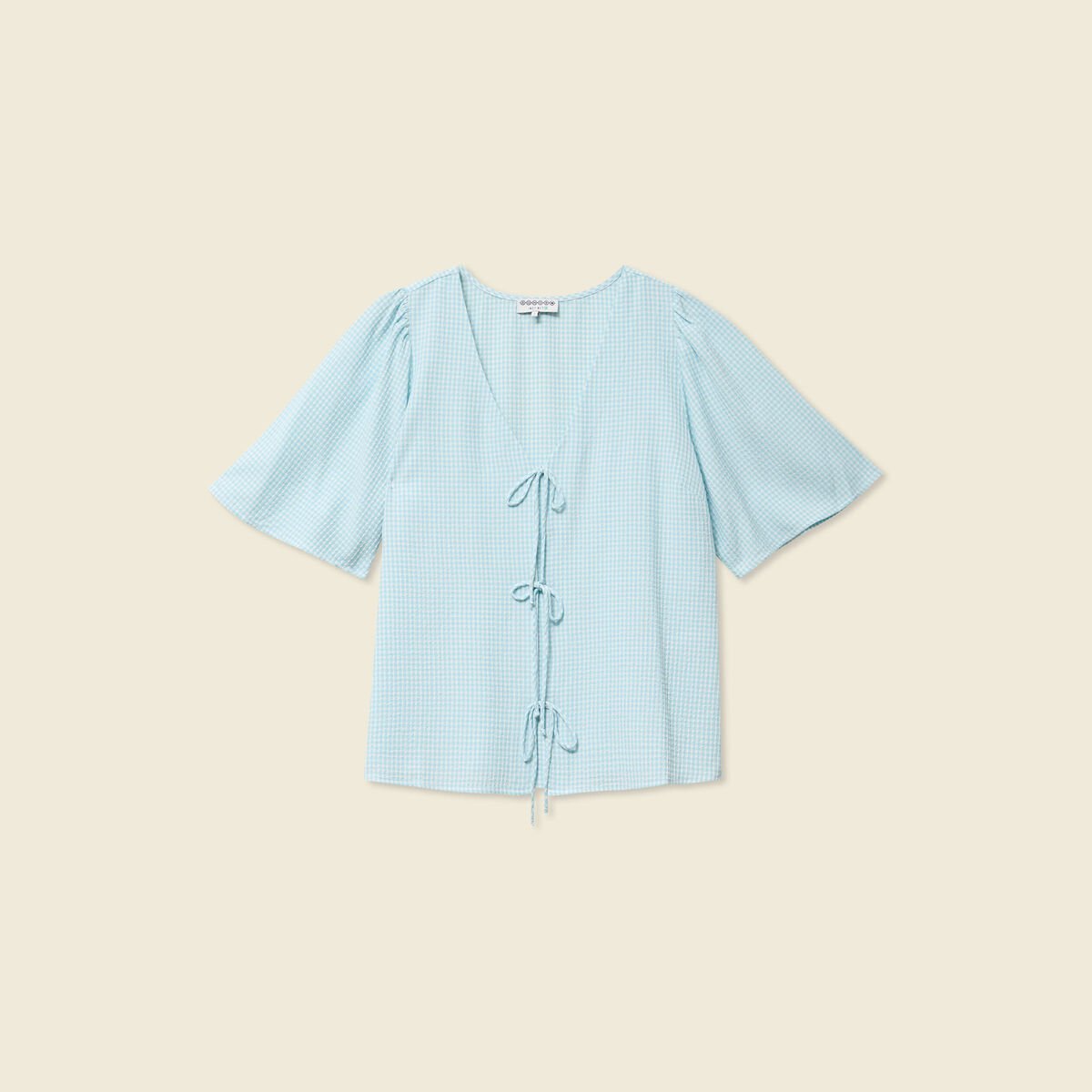 Blouse manches courtes nouée bleu pastel femme